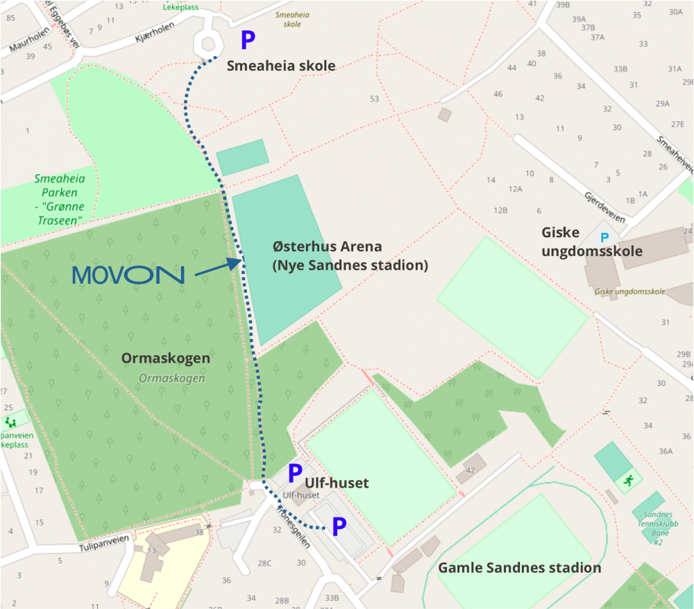 Bilde viser kart av parkering ved smeaheia skole eller ulf-huset, og veien videre til inngangen til Movon på langsiden langs ormaskogen.